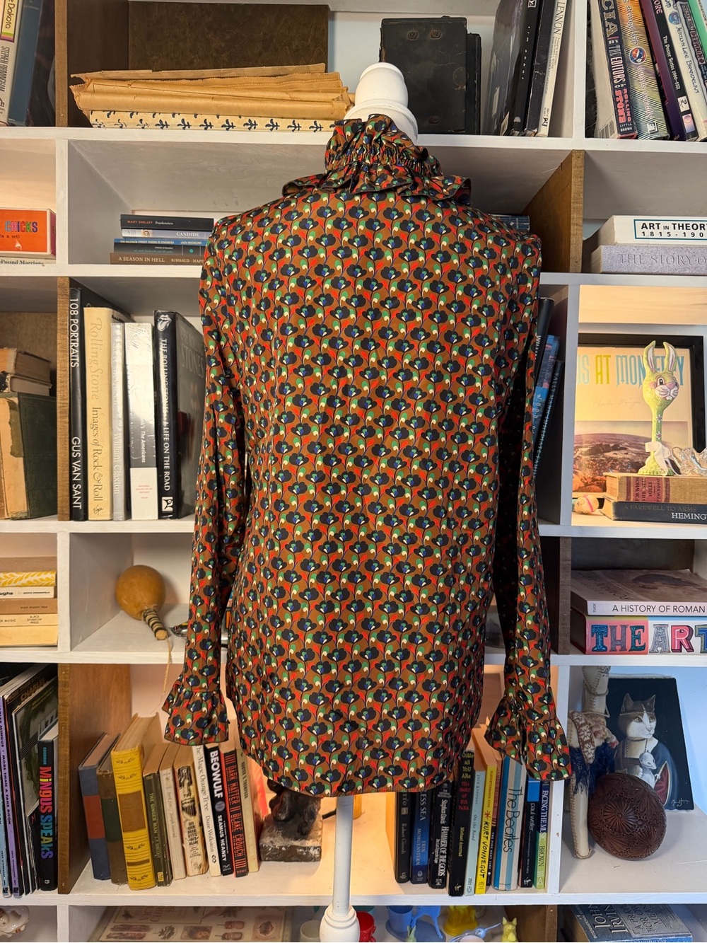 Zara Rust Multi Geometric Ruffle-Neck Button-Down Shirt - Picture 4 of 5